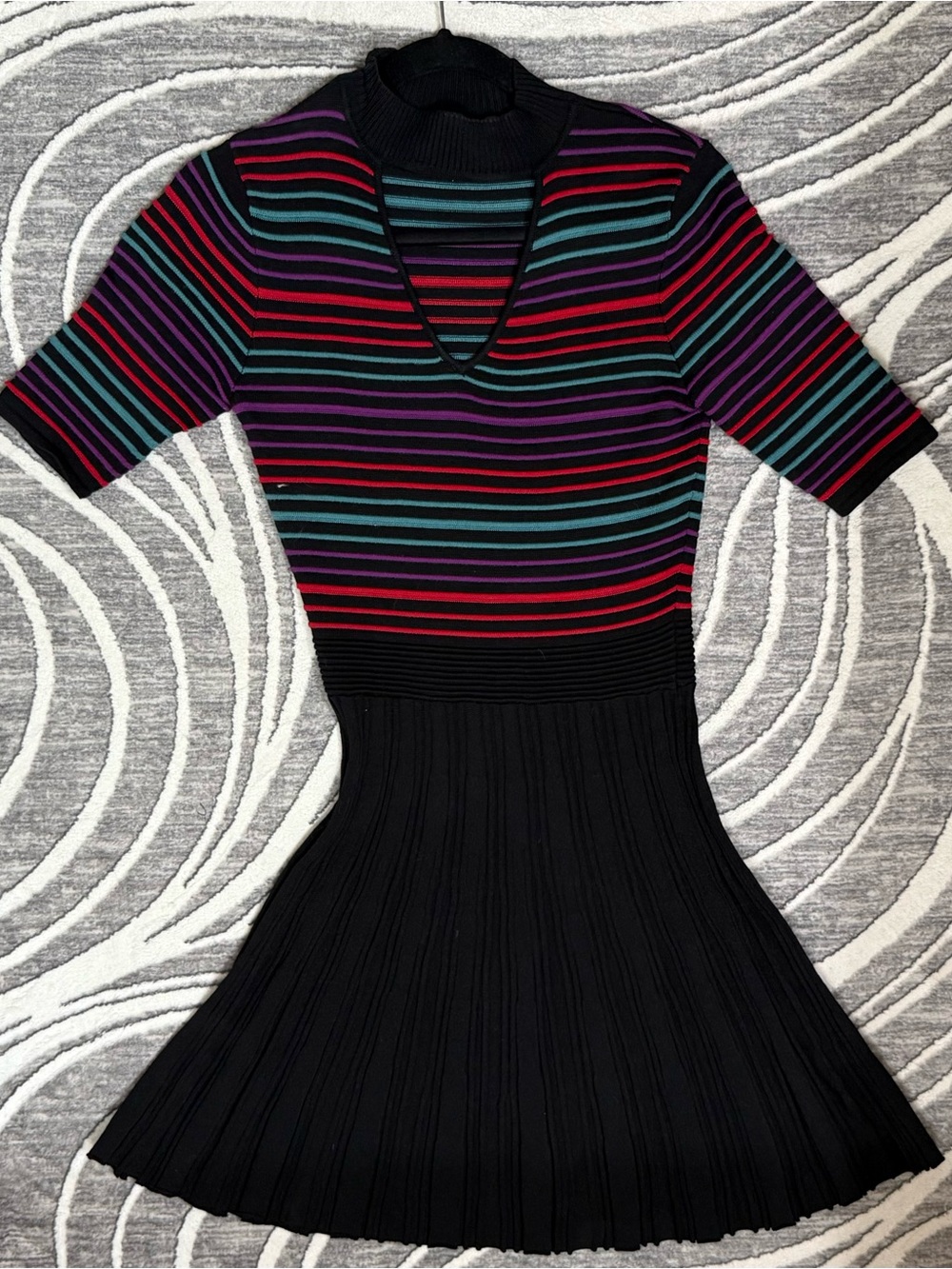 Candie’s Striped Knit Fit-and-Flare Dress in Black with Multicolor Stripes SizeL
